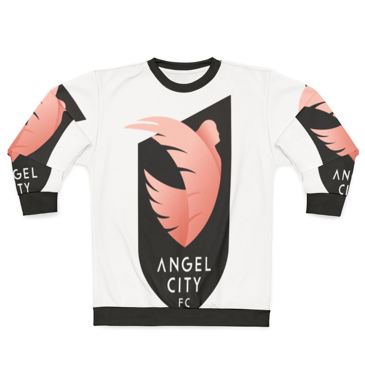 Woman wearing an Angel City Soccer sweatshirt with a football design