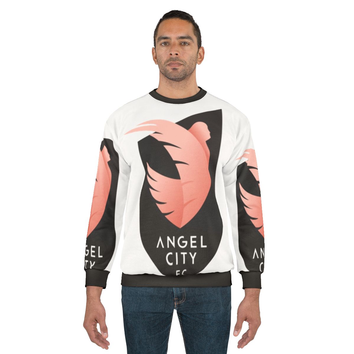 Woman wearing an Angel City Soccer sweatshirt with a football design