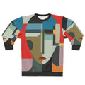 Faceless woman wearing a vibrant and surreal sweatshirt