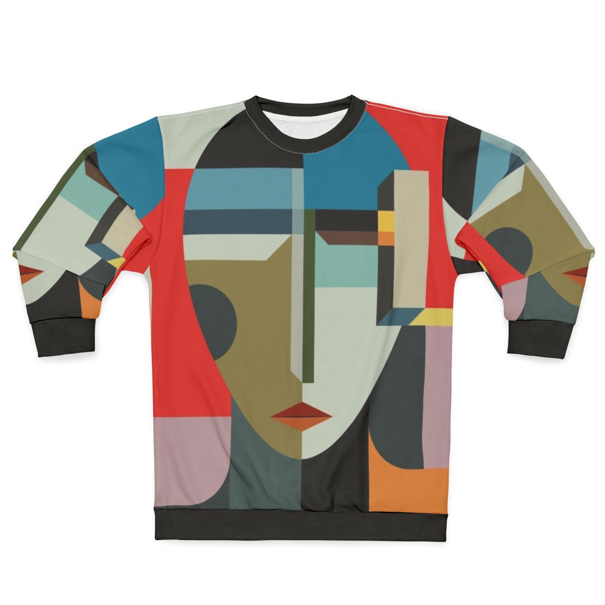 Faceless woman wearing a vibrant and surreal sweatshirt