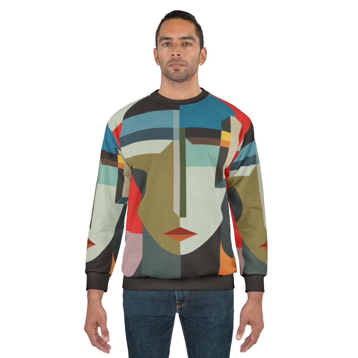 Faceless woman wearing a vibrant and surreal sweatshirt