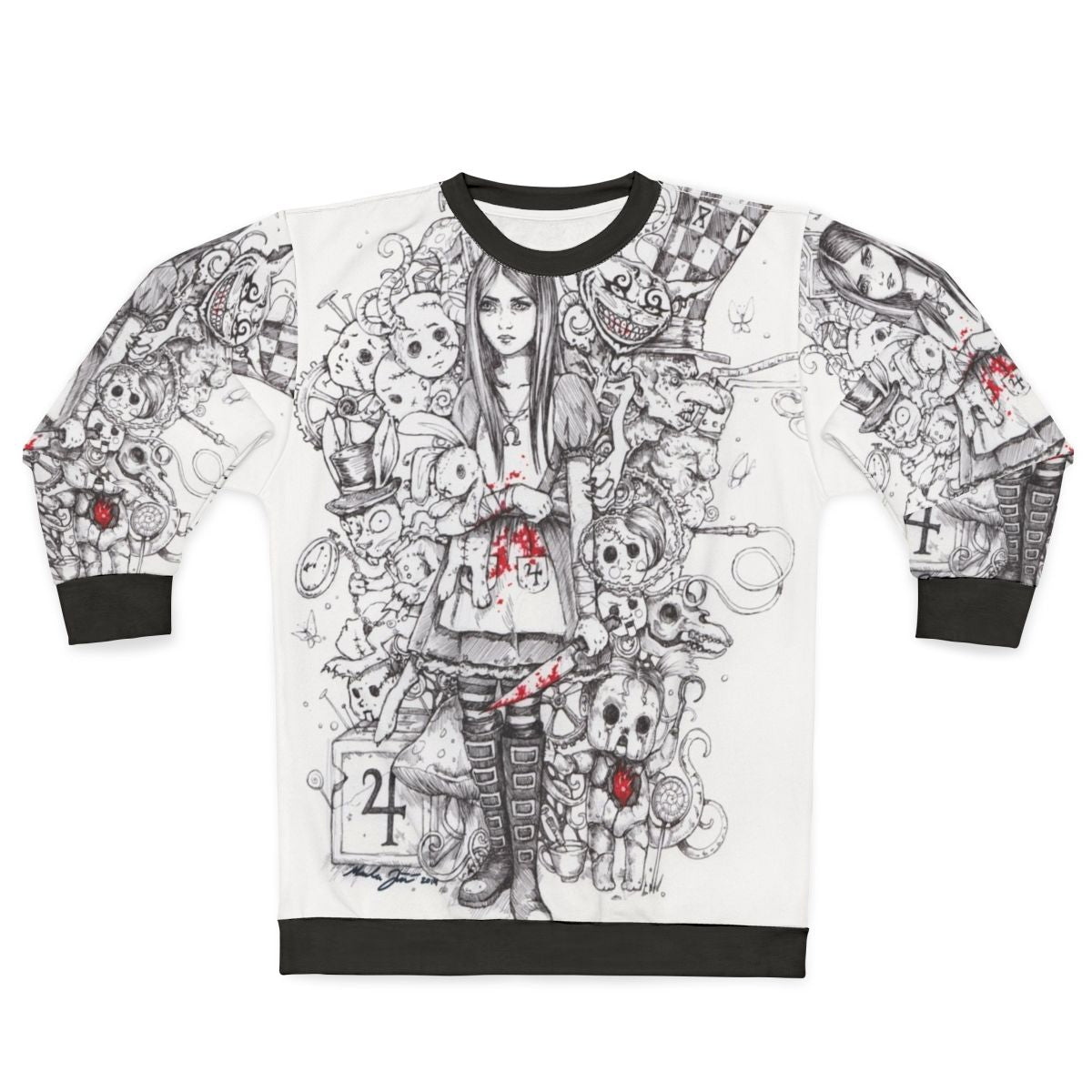 Alice in Wonderland inspired shattered sweatshirt with dark fantasy and gothic fashion elements
