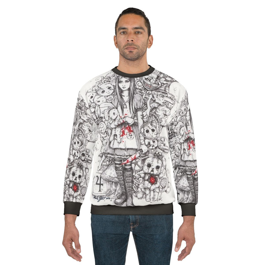 Alice in Wonderland inspired shattered sweatshirt with dark fantasy and gothic fashion elements