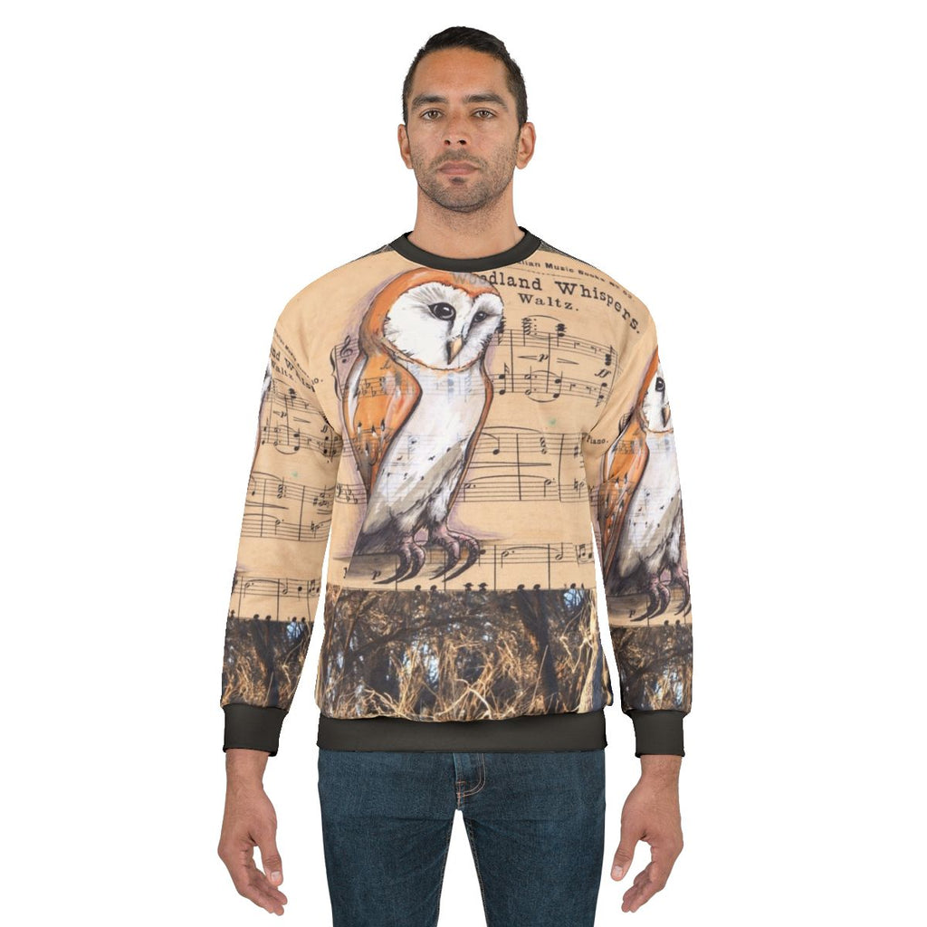 Barn owl perched on a tree branch with musical notes