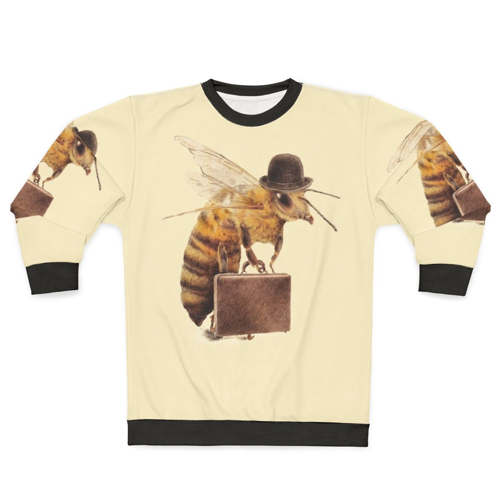 A worker bee sweatshirt featuring a surreal digital illustration of a bee wearing a bowler hat and carrying a briefcase.