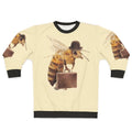 A worker bee sweatshirt featuring a surreal digital illustration of a bee wearing a bowler hat and carrying a briefcase.