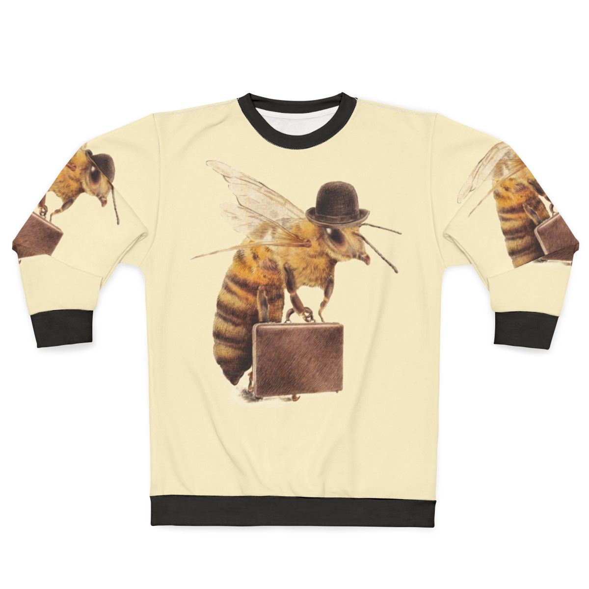A worker bee sweatshirt featuring a surreal digital illustration of a bee wearing a bowler hat and carrying a briefcase.