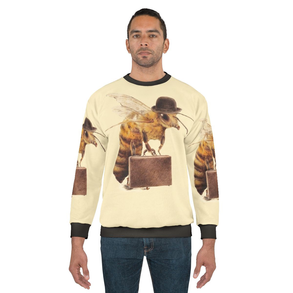 A worker bee sweatshirt featuring a surreal digital illustration of a bee wearing a bowler hat and carrying a briefcase.
