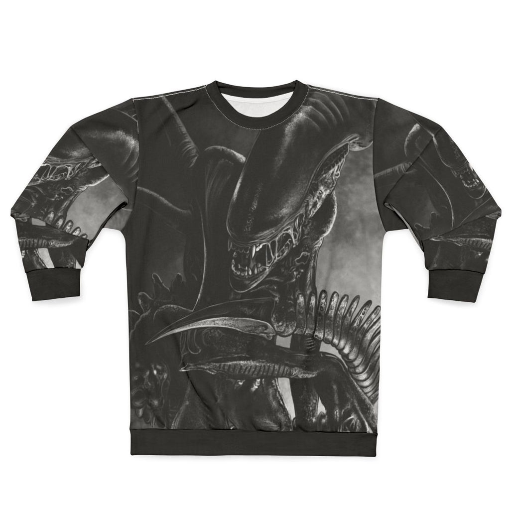 Handdrawn xenomorph alien design on a sweatshirt