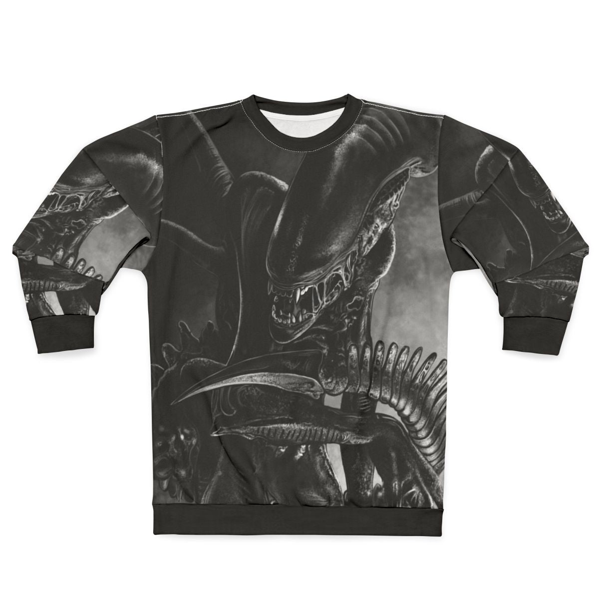 Handdrawn xenomorph alien design on a sweatshirt