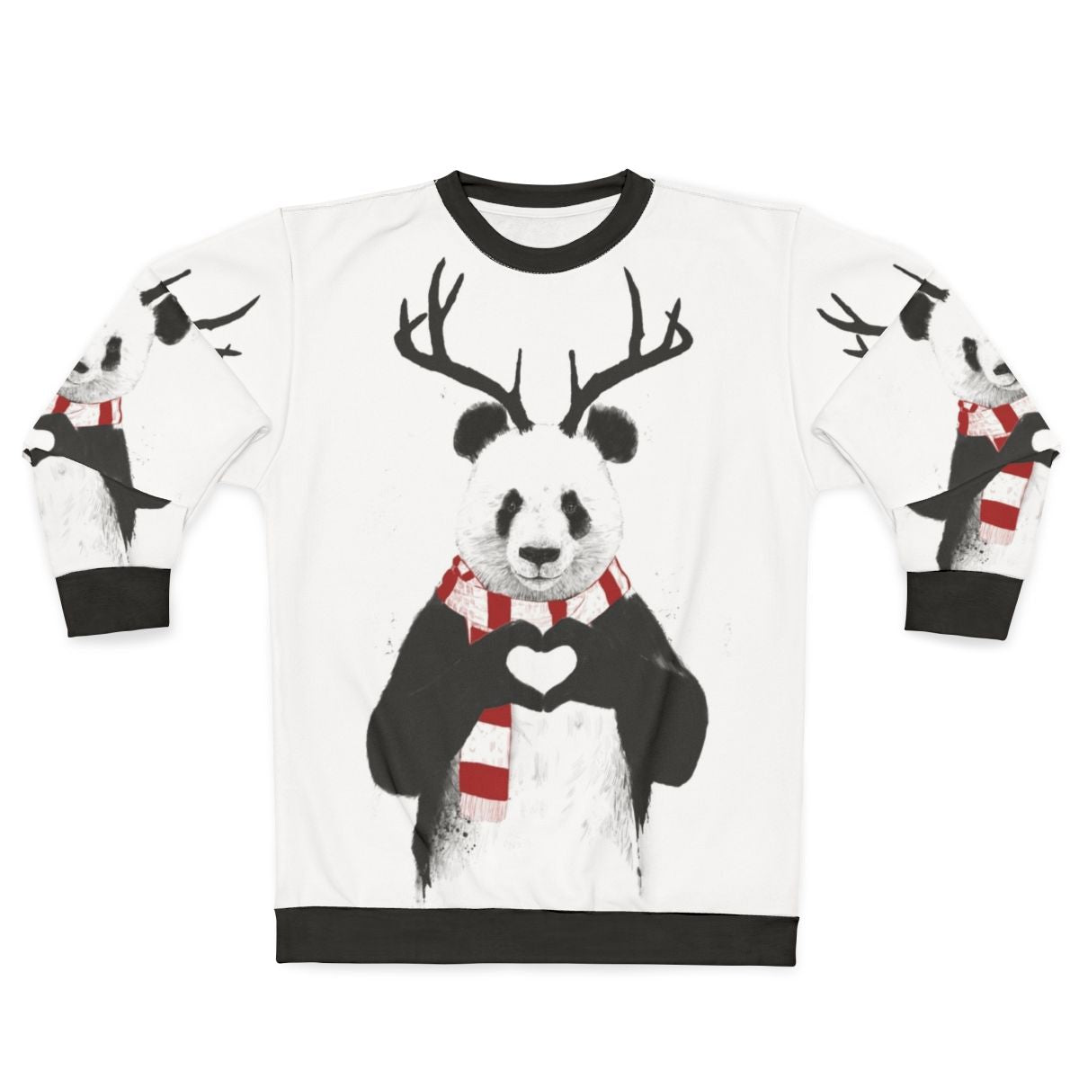 Panda wearing antlers on a cozy Christmas sweatshirt
