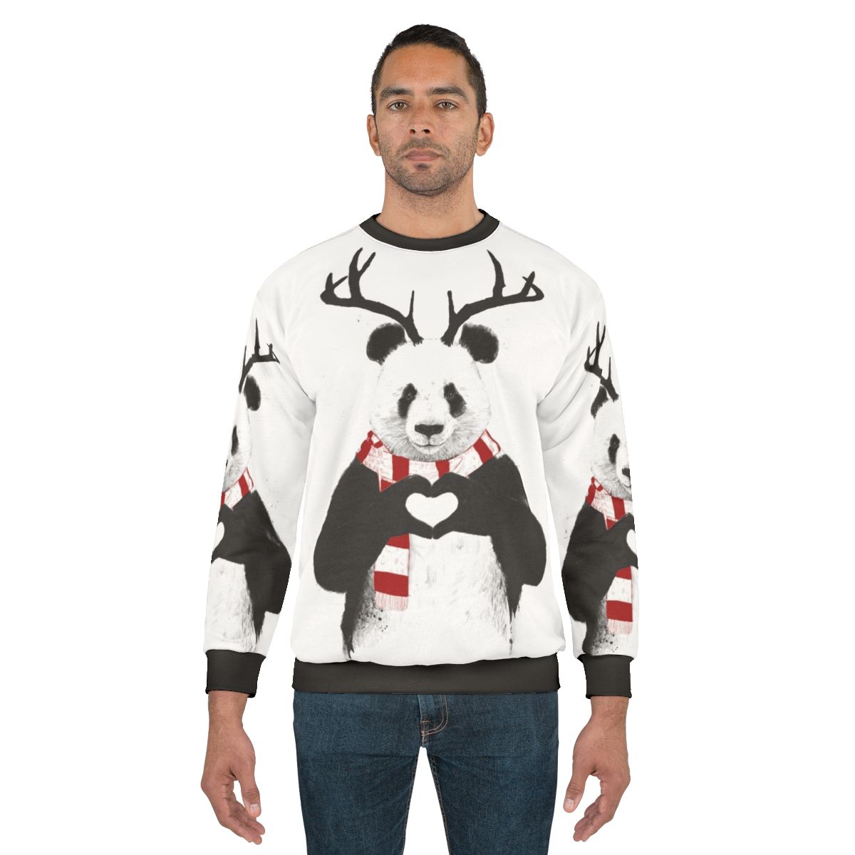 Panda wearing antlers on a cozy Christmas sweatshirt