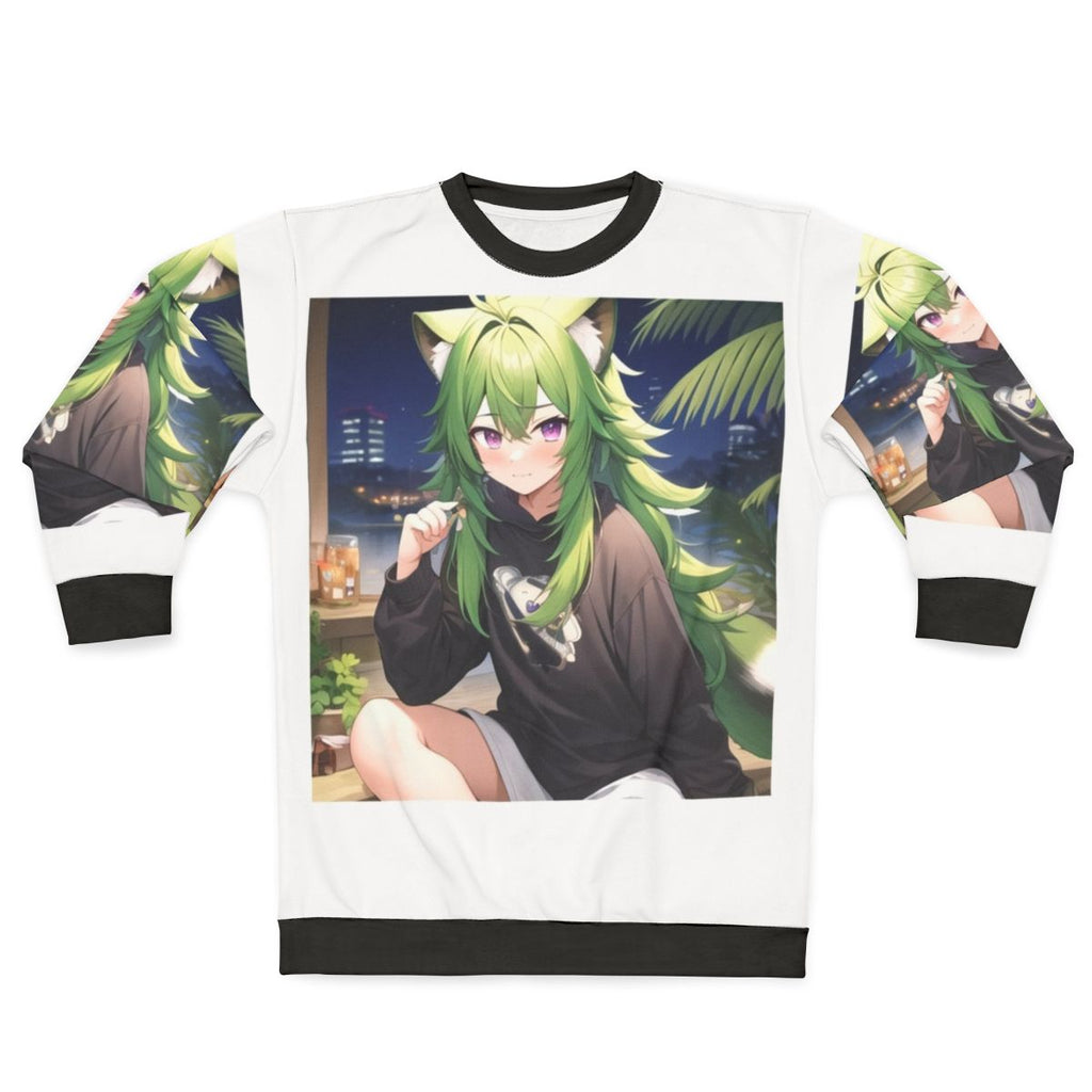 Kawaii anime boy with green hair, purple eyes, and raccoon features wearing a sweatshirt