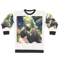 Kawaii anime boy with green hair, purple eyes, and raccoon features wearing a sweatshirt