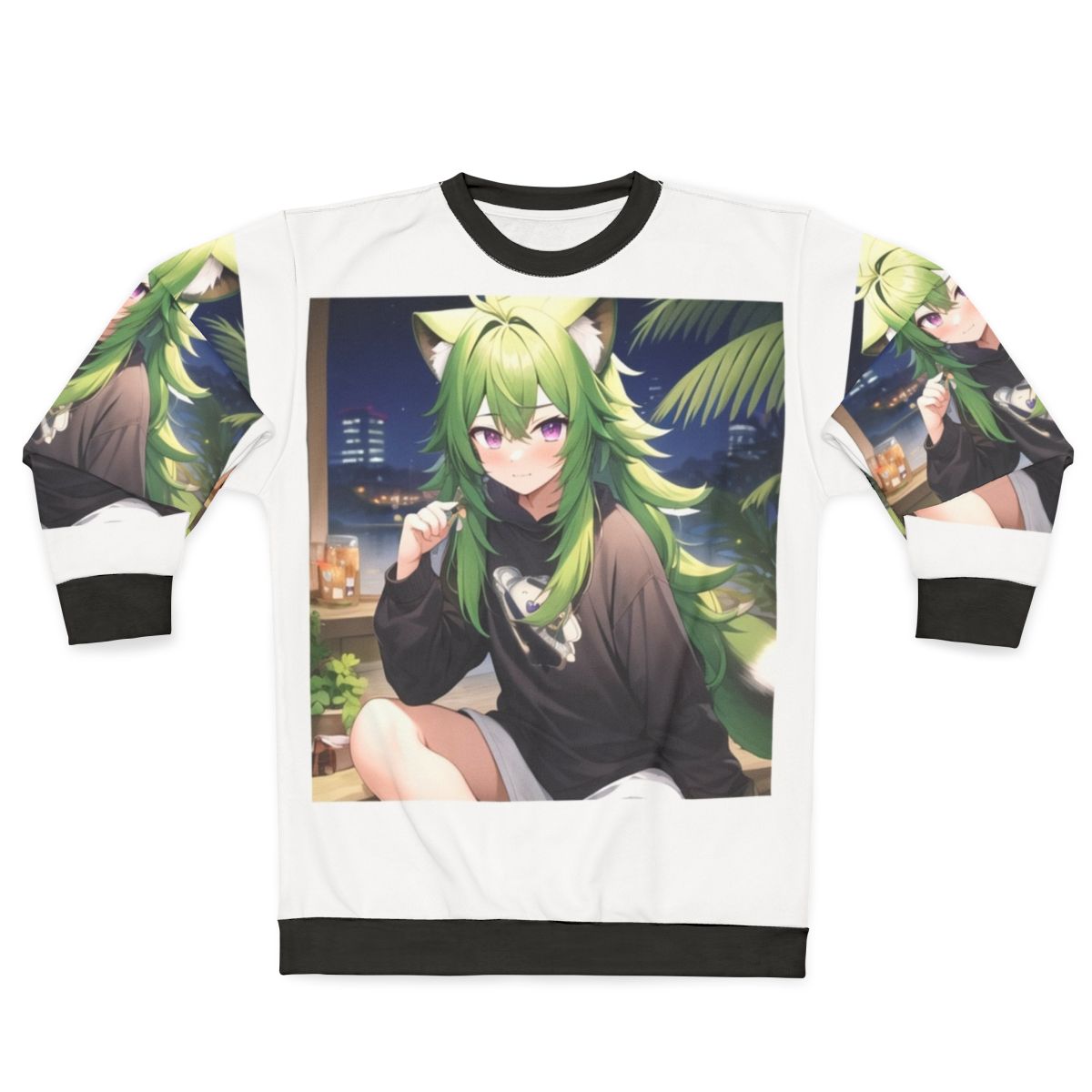 Kawaii anime boy with green hair, purple eyes, and raccoon features wearing a sweatshirt
