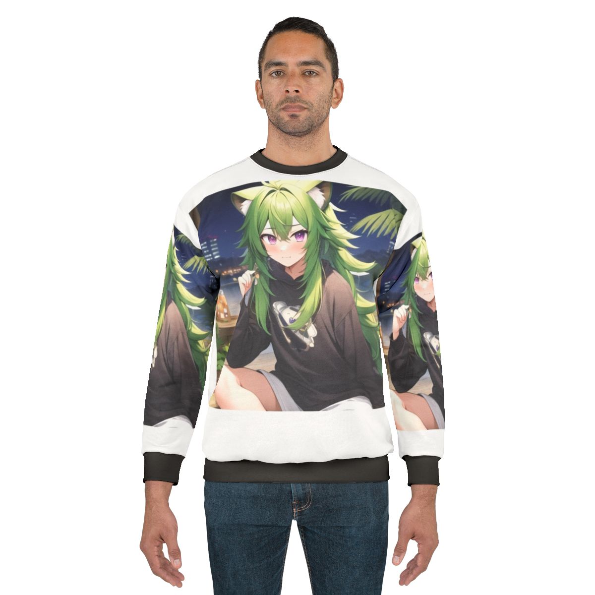 Kawaii anime boy with green hair, purple eyes, and raccoon features wearing a sweatshirt