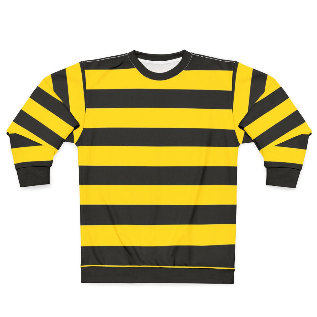 Wide yellow and black striped sweatshirt with a rugby-style design