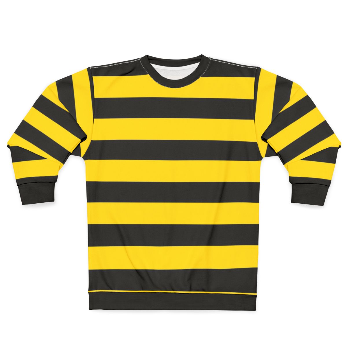 Wide yellow and black striped sweatshirt with a rugby-style design