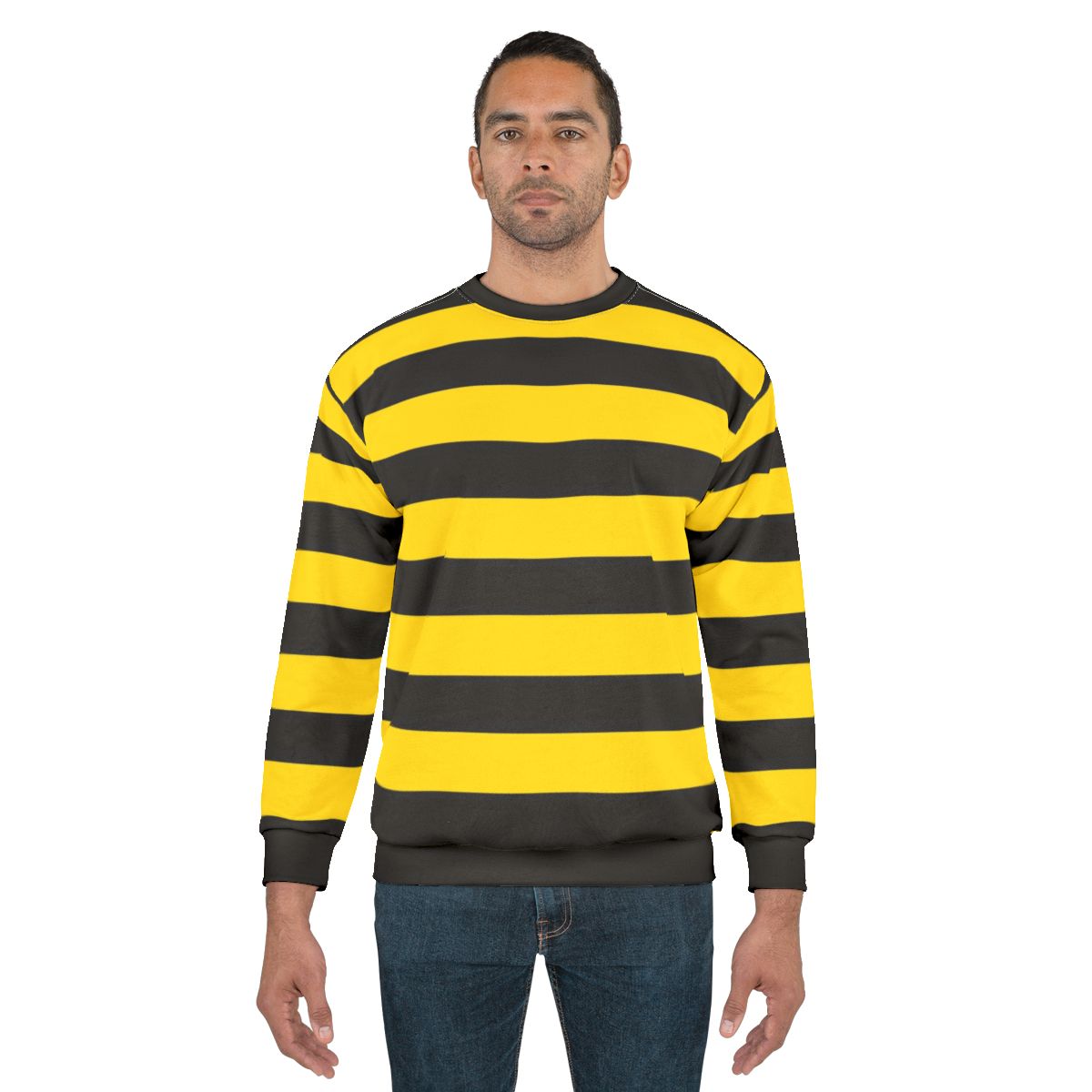 Wide yellow and black striped sweatshirt with a rugby-style design