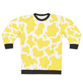 Yellow cow print sweatshirt with textured animal skin pattern