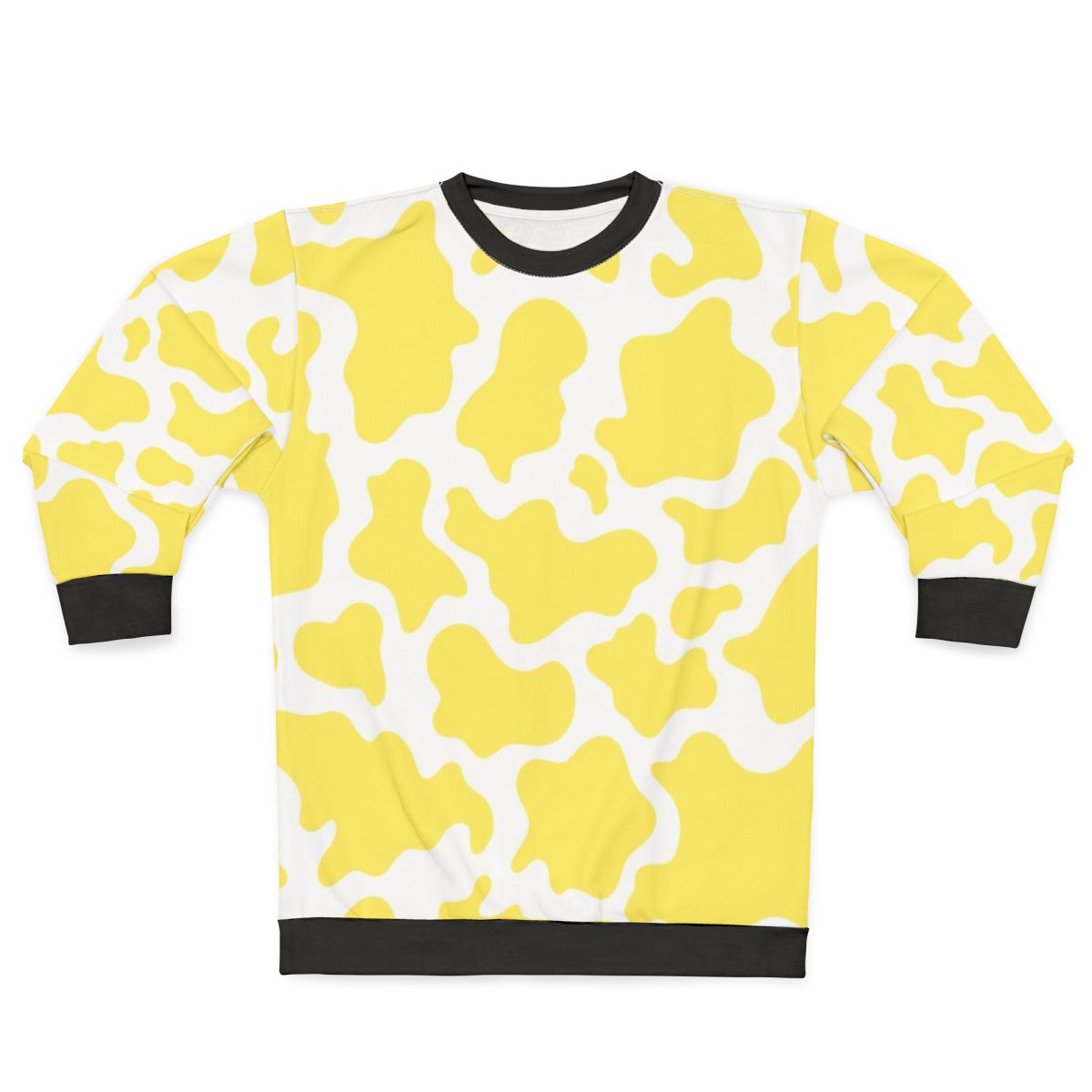 Yellow cow print sweatshirt with textured animal skin pattern