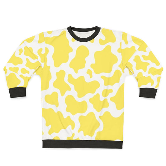 Yellow cow print sweatshirt with textured animal skin pattern