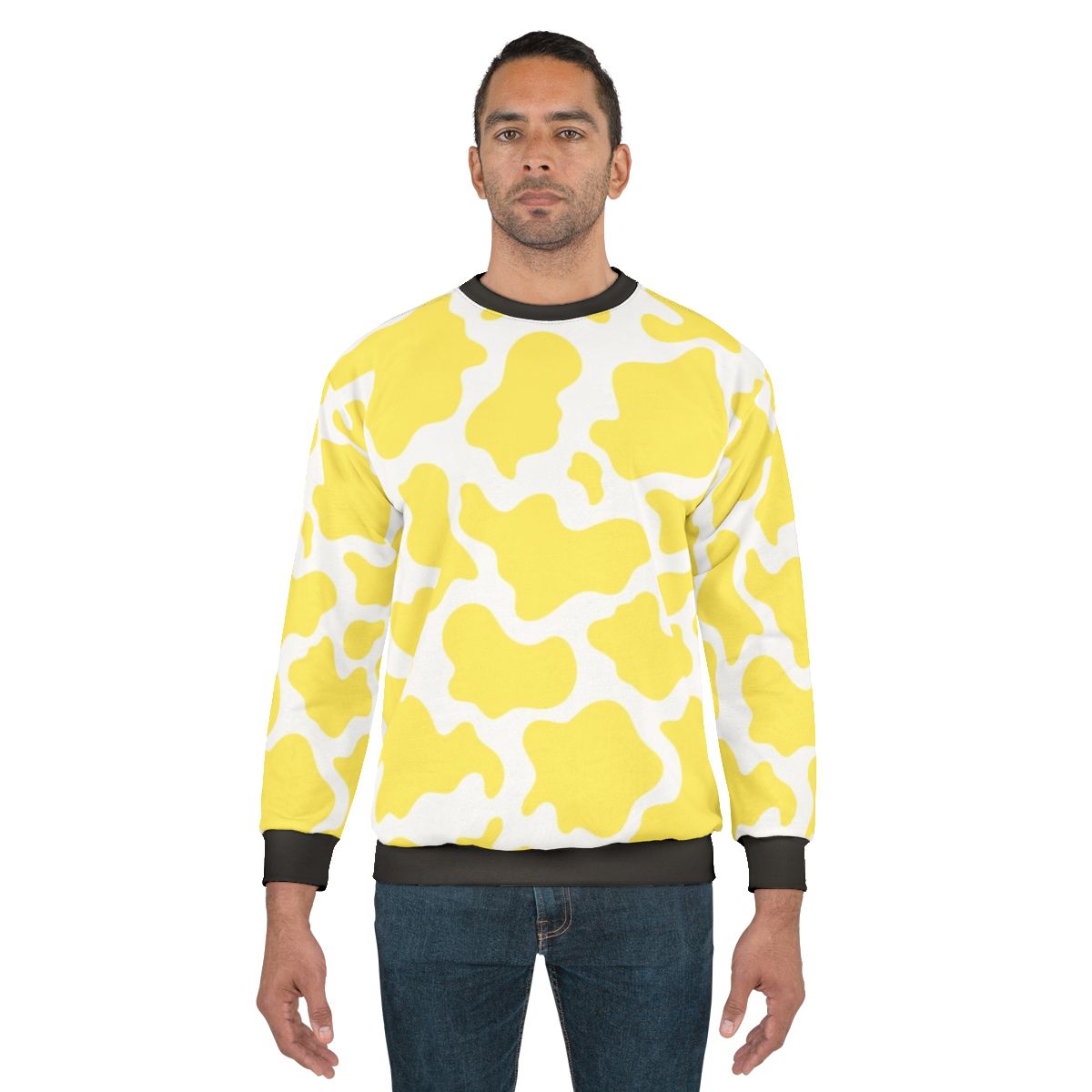 Yellow cow print sweatshirt with textured animal skin pattern
