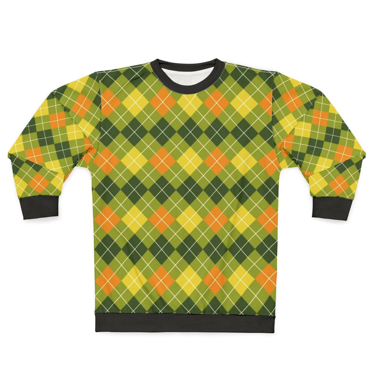 Yellow, orange, and green argyle pattern sweatshirt