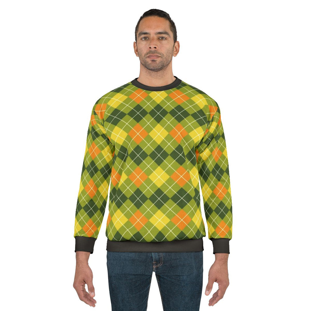 Yellow, orange, and green argyle pattern sweatshirt