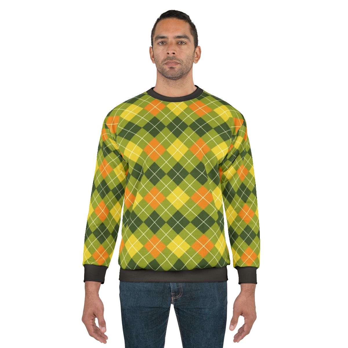 Yellow, orange, and green argyle pattern sweatshirt