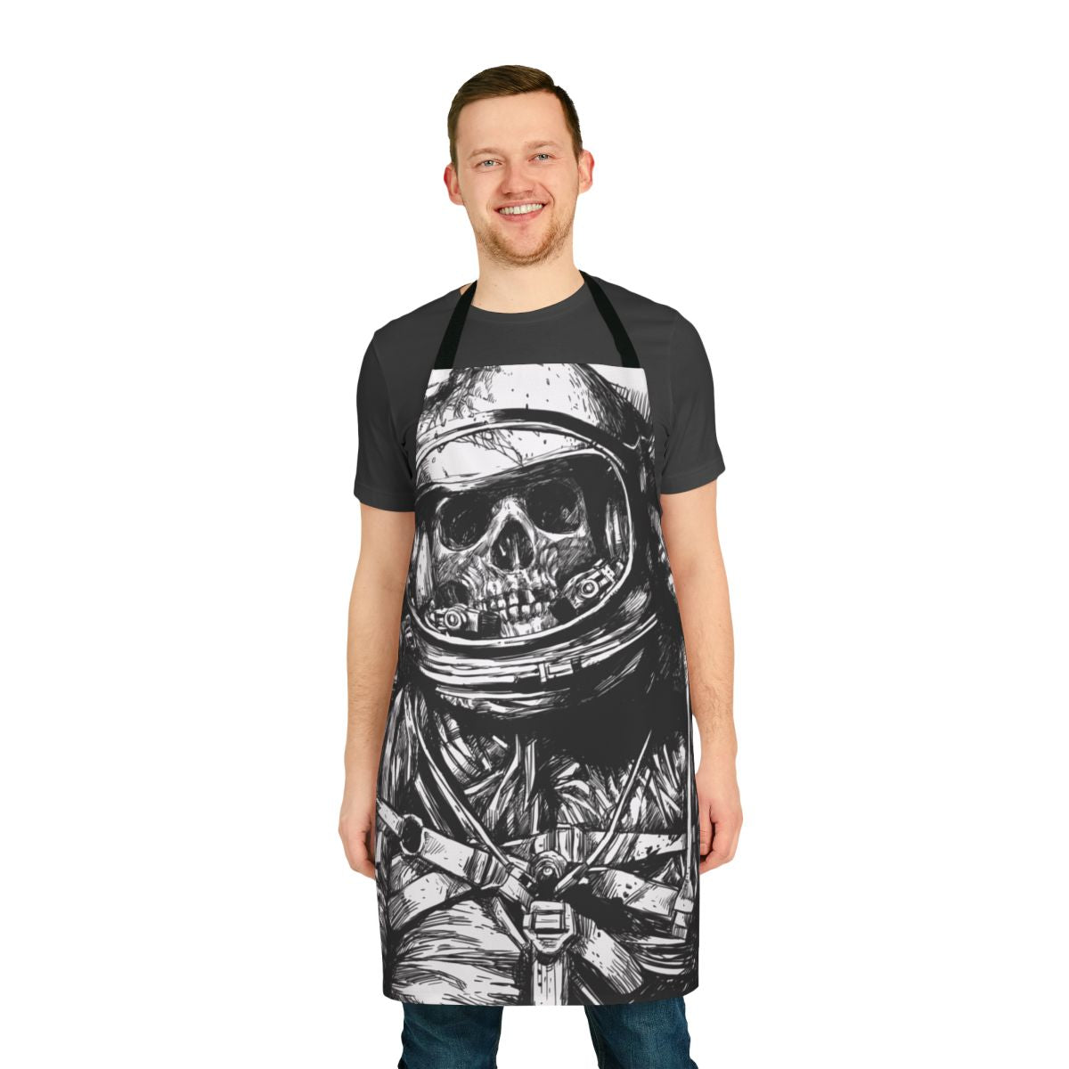Apron featuring a black and white image of an abandoned and deceased astronaut in a spacesuit