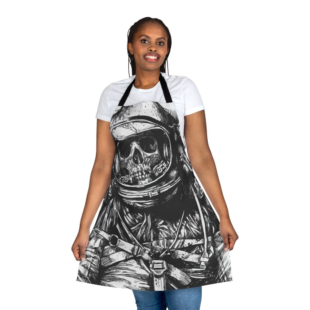 Apron featuring a black and white image of an abandoned and deceased astronaut in a spacesuit