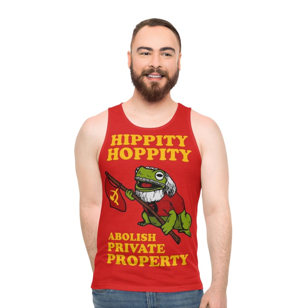 Unisex tank top with "Hippity Hoppity Abolish Private Property" design