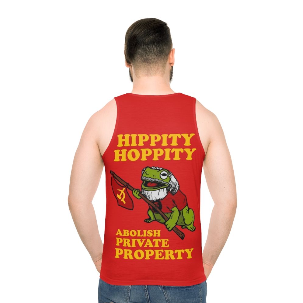 Unisex tank top with "Hippity Hoppity Abolish Private Property" design