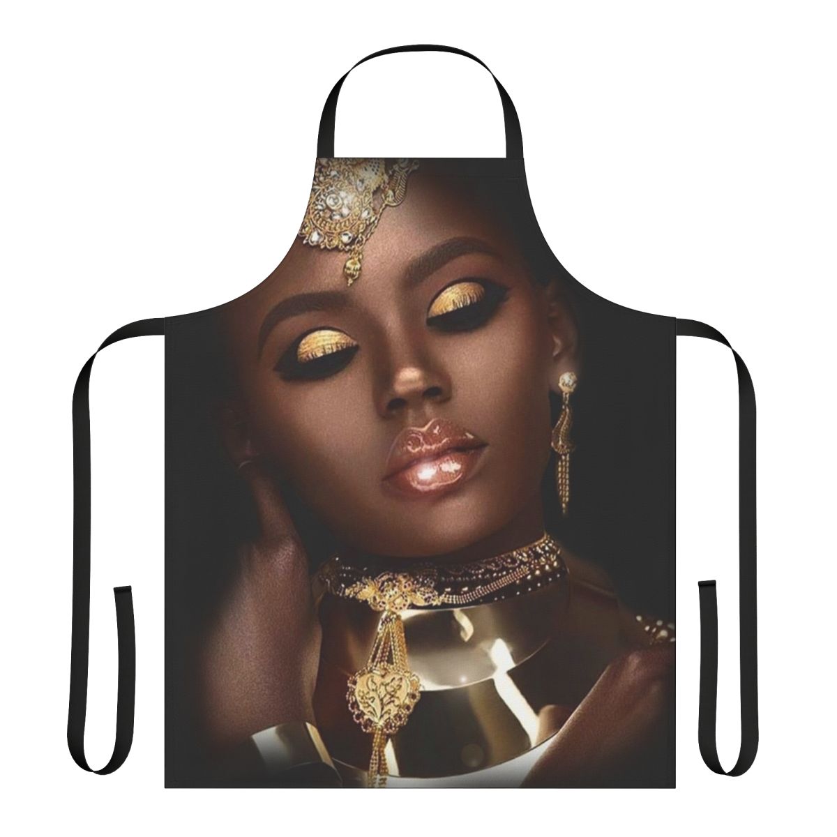 Abstract artistic image of an African woman's face with ornate jewelry and gold dust accents