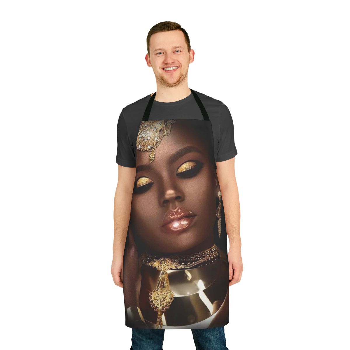 Abstract artistic image of an African woman's face with ornate jewelry and gold dust accents