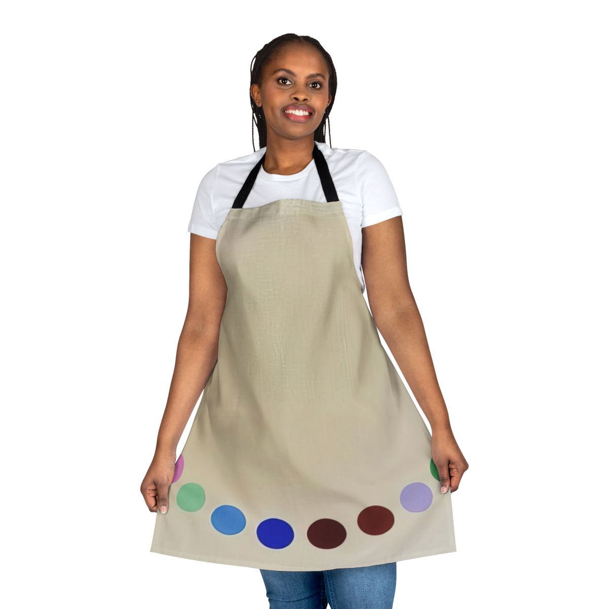 An abstract apron featuring vibrant colors and geometric patterns, inspired by the work of American painter Thomas Downing.