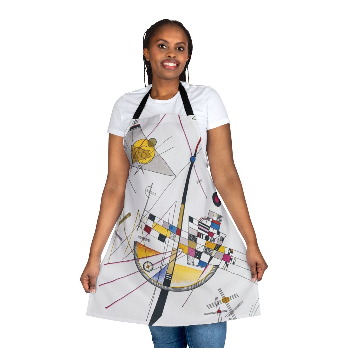 Colorful abstract apron featuring Wassily Kandinsky's "Delicate Tension" design