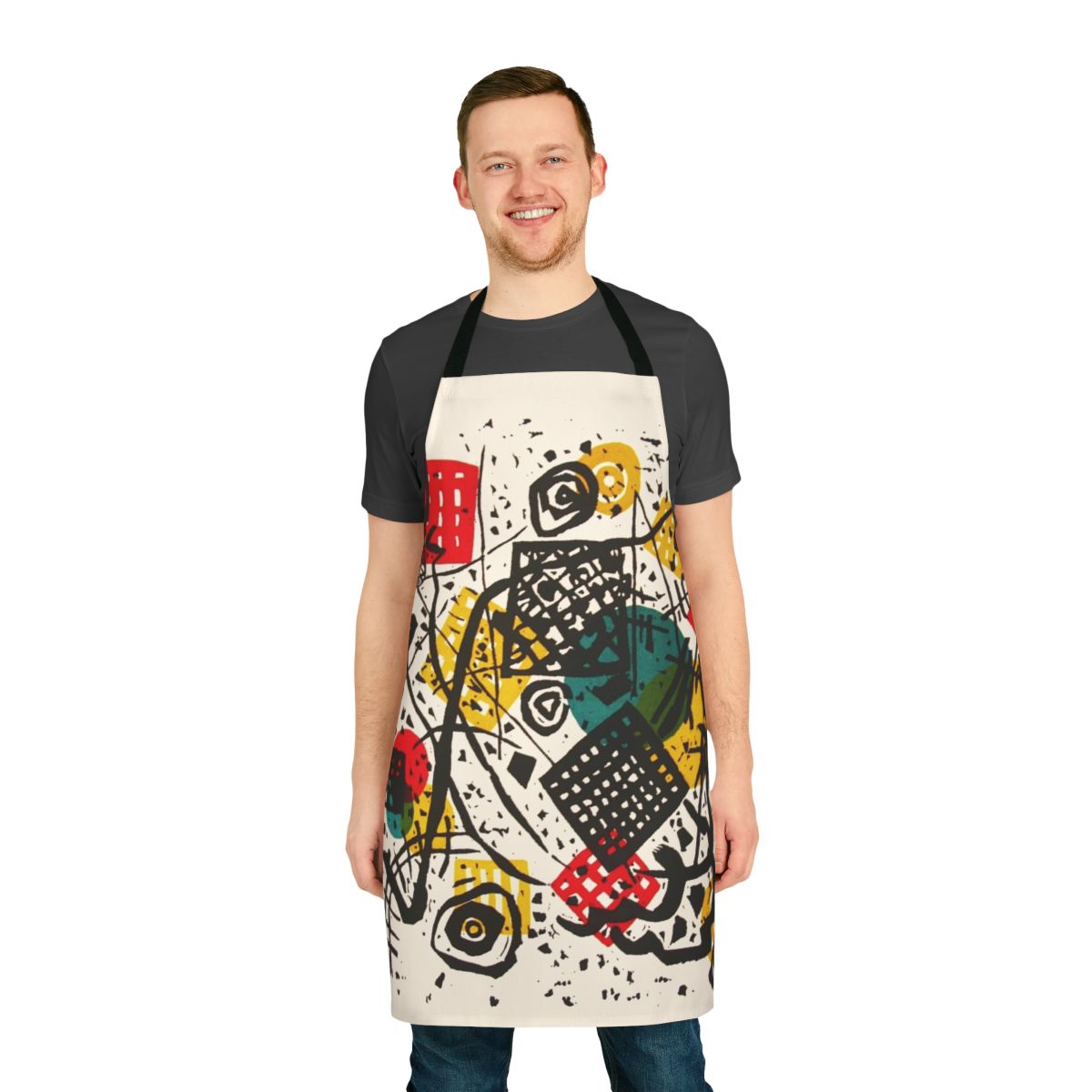 Abstract art apron featuring Wassily Kandinsky's "Small Worlds V" design