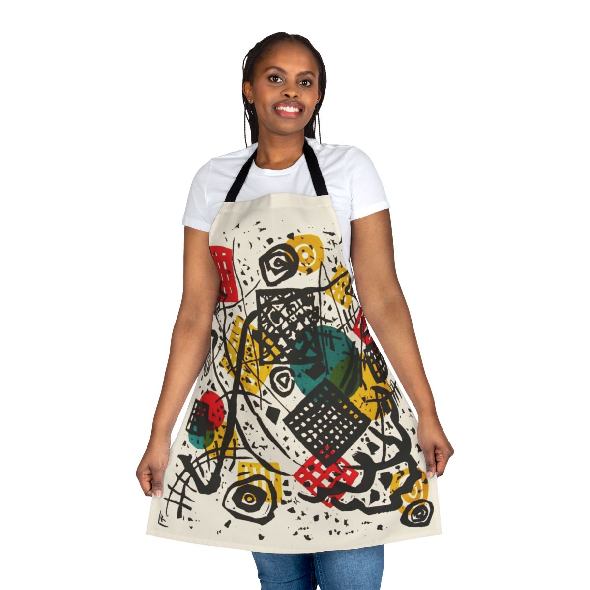 Abstract art apron featuring Wassily Kandinsky's "Small Worlds V" design