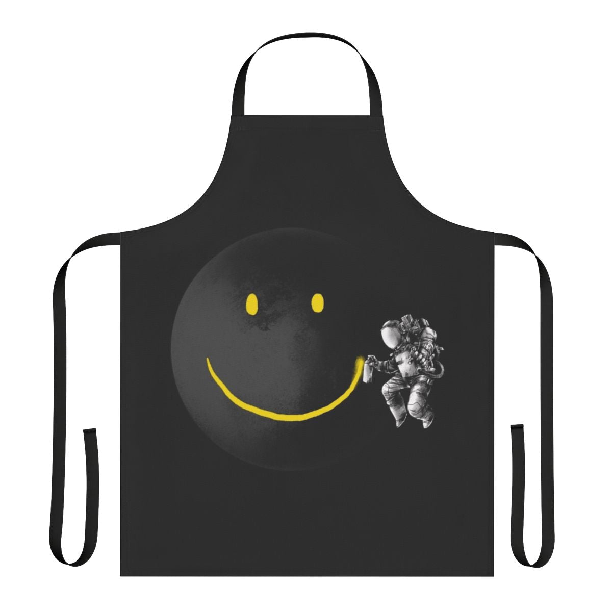 Black and white abstract art apron with a surreal, smiling astronaut design on a moon background.
