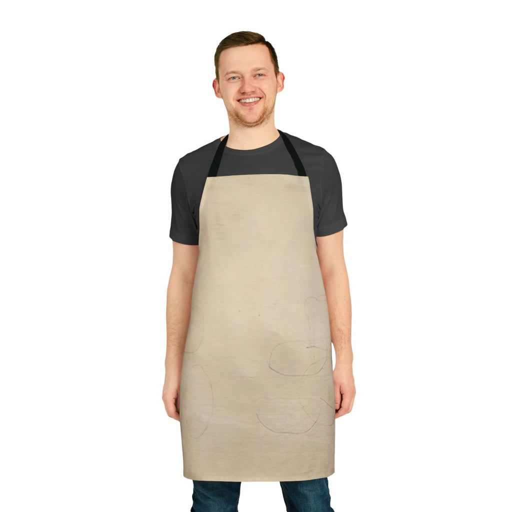 Abstract expressionist-style apron design with visual elements referencing the avant-garde music and experimental compositions of John Cage