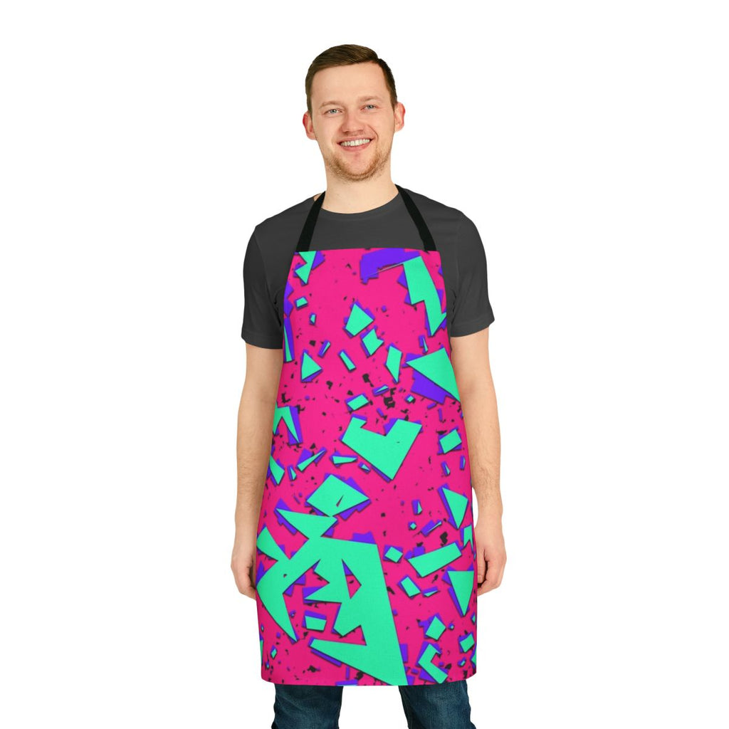 Abstract geometric pattern in teal and pink colors on an apron