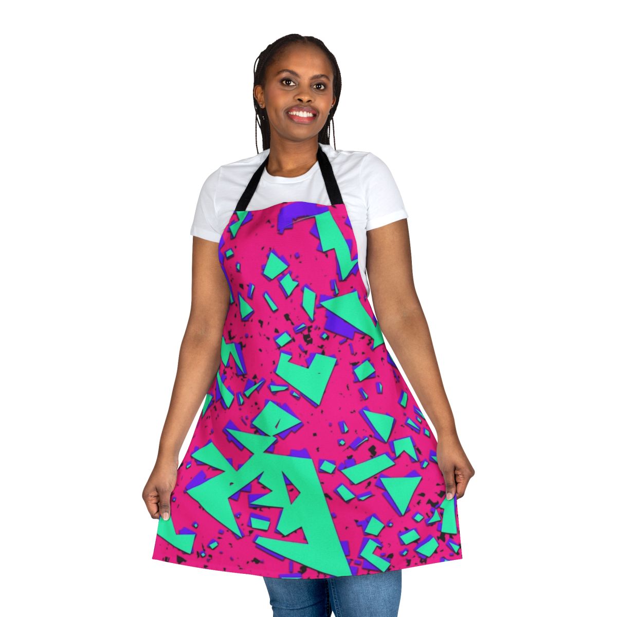 Abstract geometric pattern in teal and pink colors on an apron