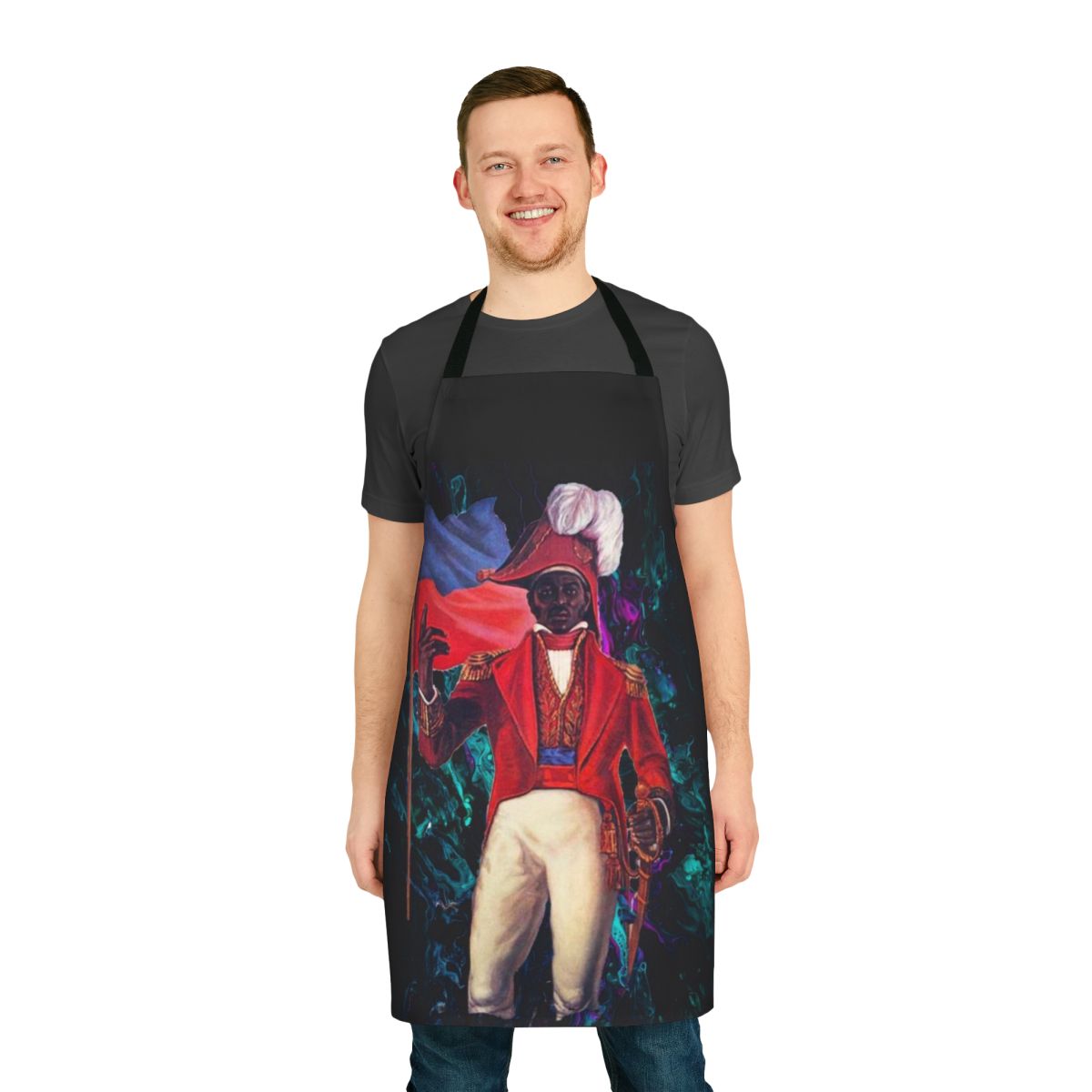 Abstract art apron featuring the portrait of Jean Jacques Dessalines, the leader of the Haitian Revolution.