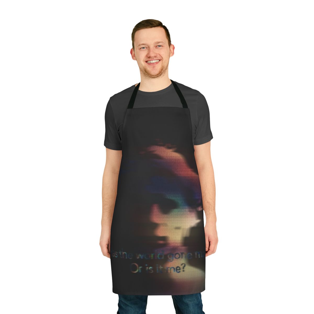Abstract indie music inspired apron with the text "Has The World Gone Mad Or Is It Me"