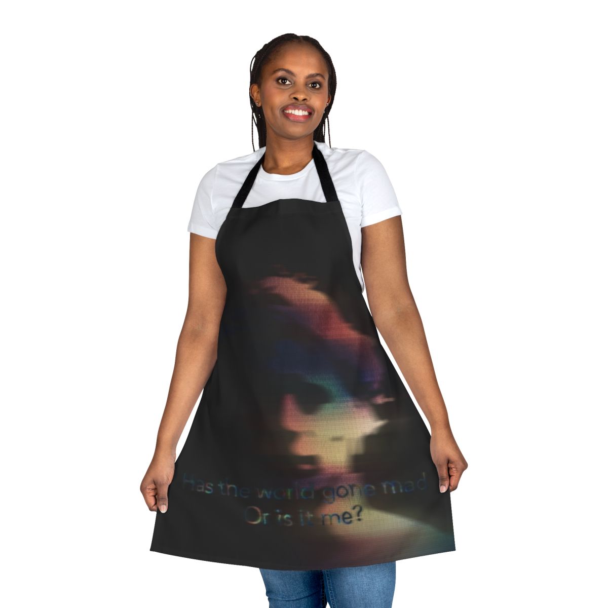 Abstract indie music inspired apron with the text "Has The World Gone Mad Or Is It Me"