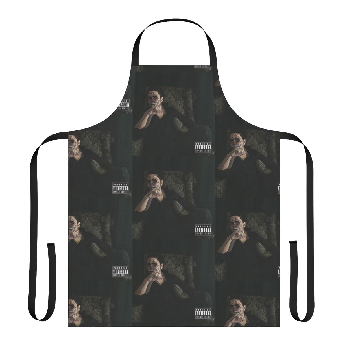 Apron featuring a music-inspired abstract glitch art design in black, white, and green colors.
