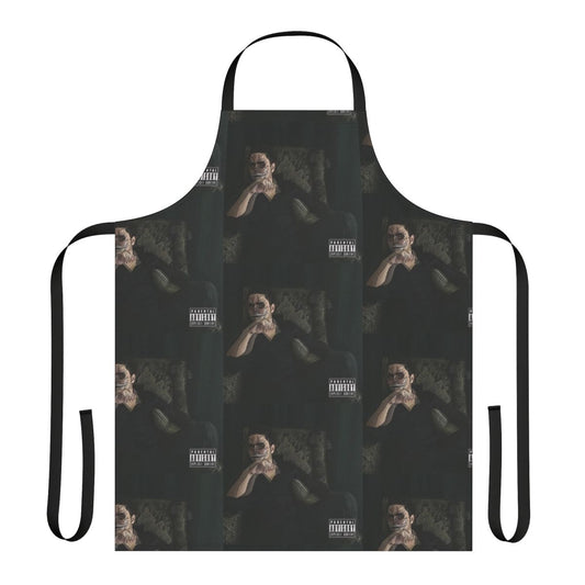 Apron featuring a music-inspired abstract glitch art design in black, white, and green colors.