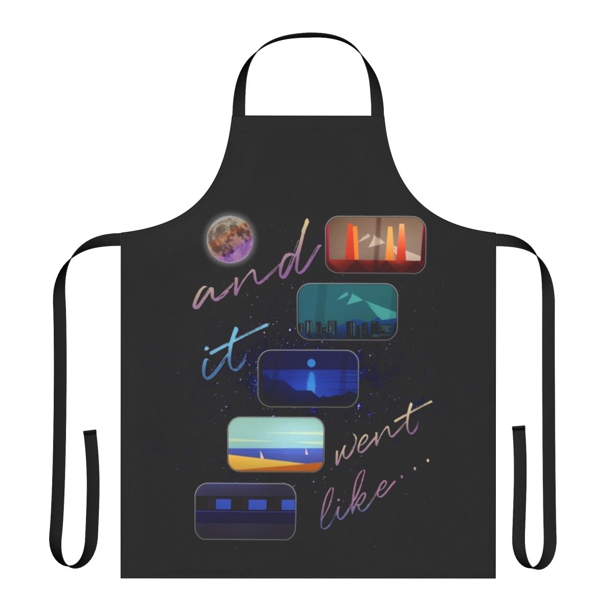 Colorful abstract design featuring moon, stars, and nature elements on a high-quality cotton apron.